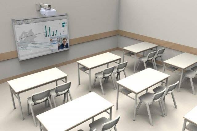 Imagem 3D do interior de uma das novas salas do 2.º Ciclo, com mesas, cadeiras e quadro interativo